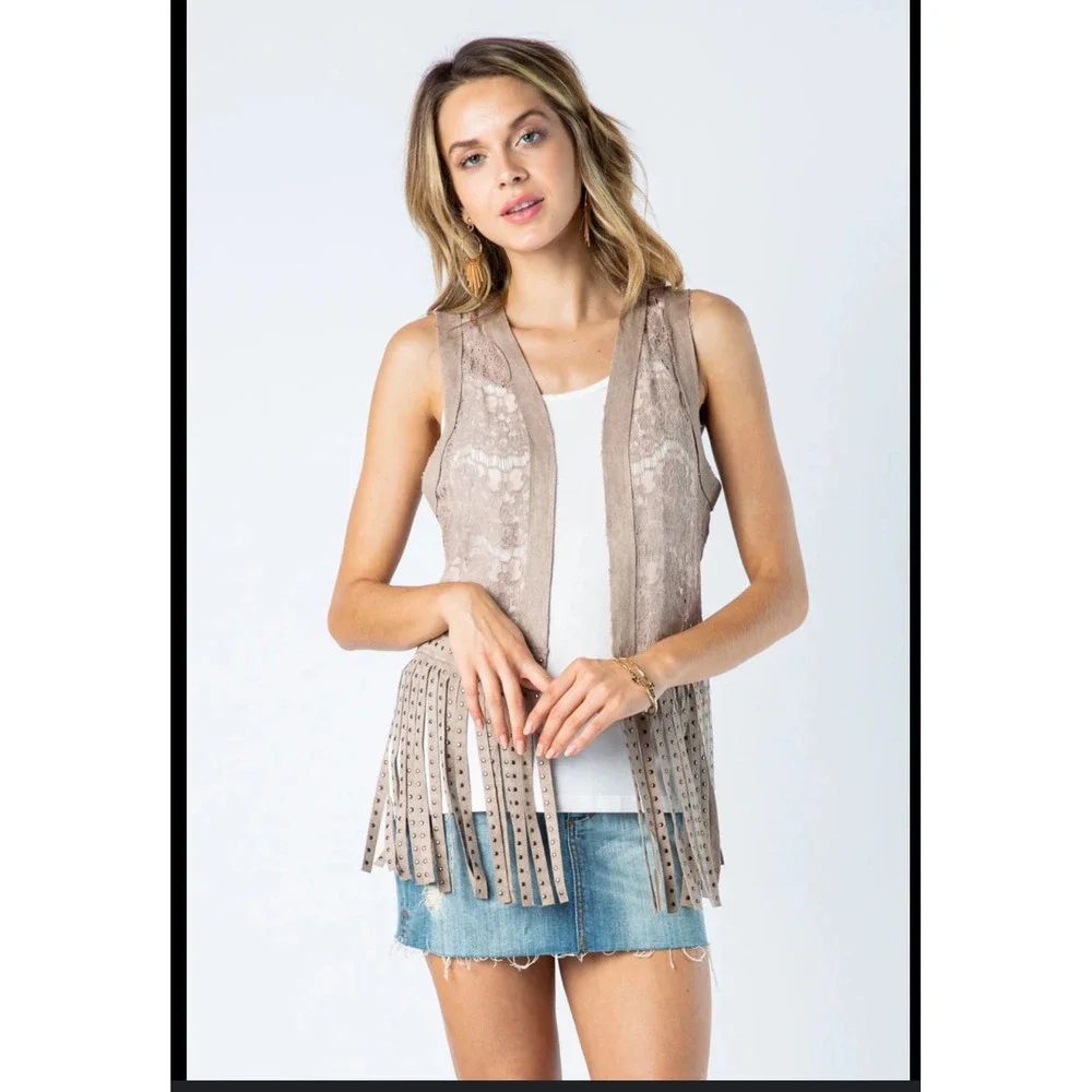 Vocal Boho Lace Fringe‎ Studded Vest Tan Neutral Layering Piece Medium